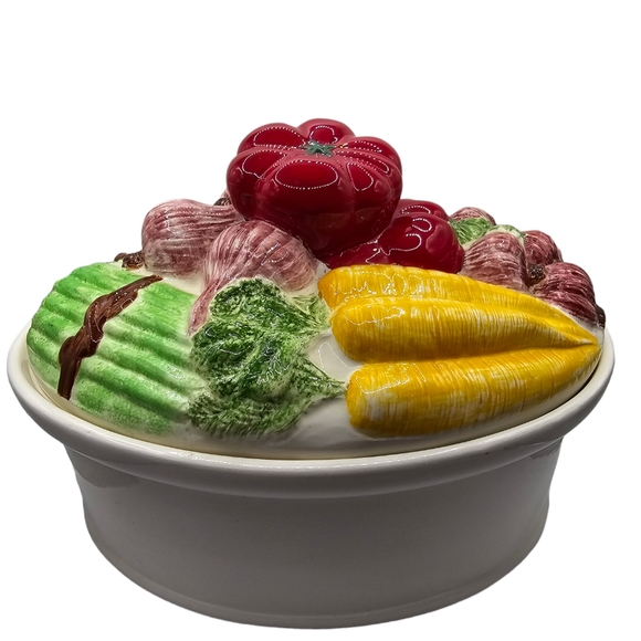 Vintage Hand Painted Vegetable Pot Ceramic Cookie Jar Serving Dish Marked As Is - Picture 2 of 16